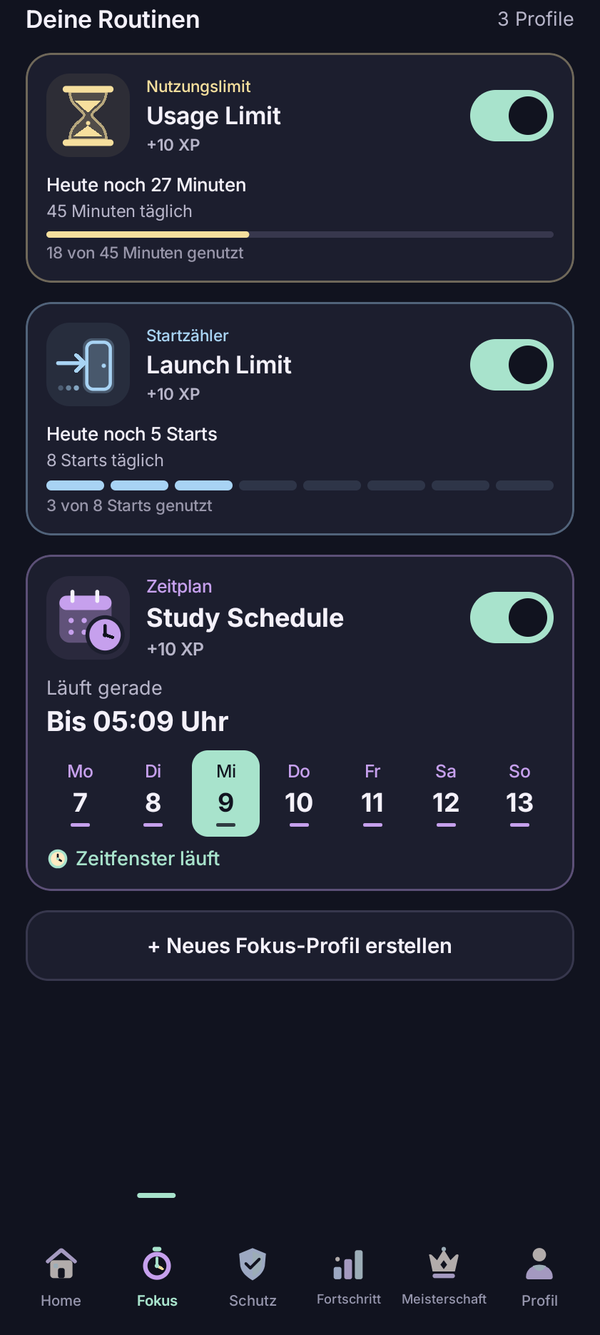 ZUHD auf Android: Fokusprofile und Timer